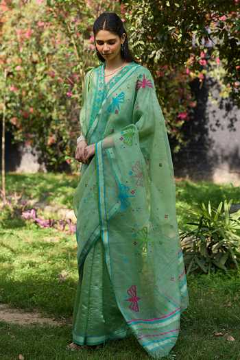 Buy_Surmaye_Green Silk, Organza Garden Butterfly Jamdani Saree 