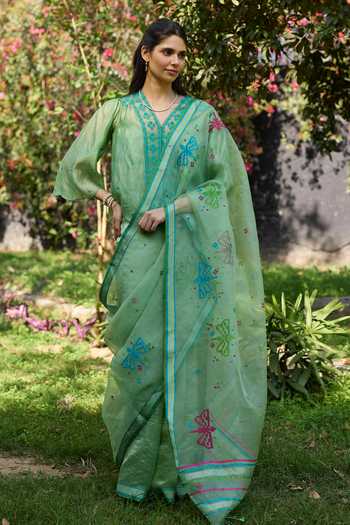 Surmaye Garden Butterfly Green Jamdani Saree 