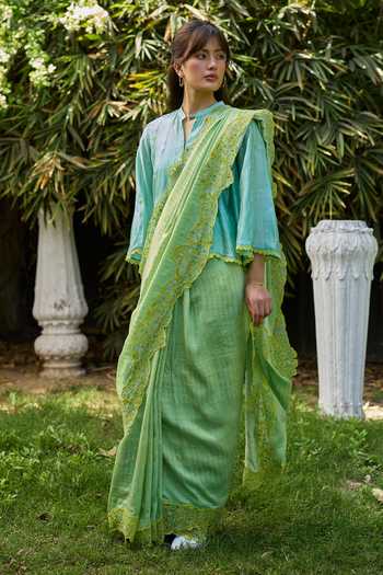 Buy Surmaye Blue Silk English Morning Green Handwoven Saree Online at Aza Fashions Buy_Surmaye_Blue Silk English Morning Green Handwoven Saree _Online_at_Aza_Fashions