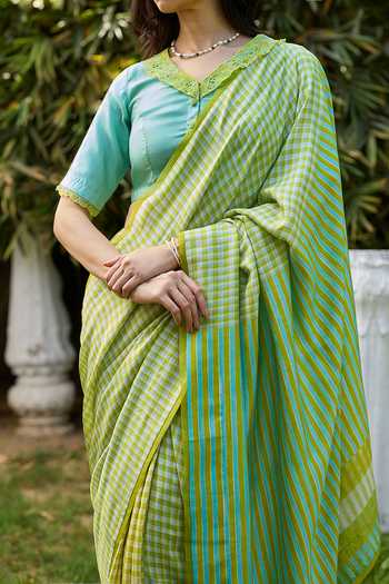 Surmaye_Blue Silk Crossroads Lime Printed Saree _at_Aza_Fashions