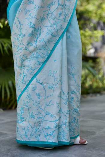 Surmaye_Blue Silk Once Upon A Garden Print Saree _at_Aza_Fashions