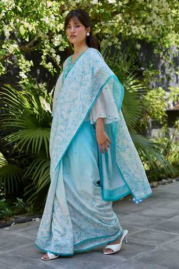 Shop_Surmaye_Blue Silk Once Upon A Garden Print Saree 