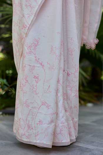 Surmaye_Pink Silk Once Upon A Garden Print Saree _at_Aza_Fashions