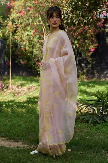 Surmaye_Pink Silk, Organza First Light Embroidered Saree _at_Aza_Fashions