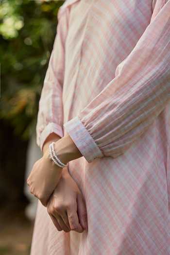 Surmaye_Pink Chanderi V-neck, Yes Joyful Paths Kurta And Pant Set _at_Aza_Fashions