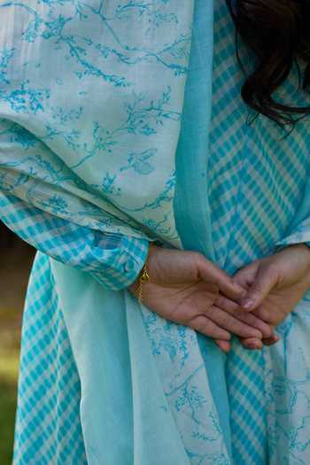 Surmaye_Blue Chanderi V-neck Joyful Paths Kurta And Pant Set _at_Aza_Fashions