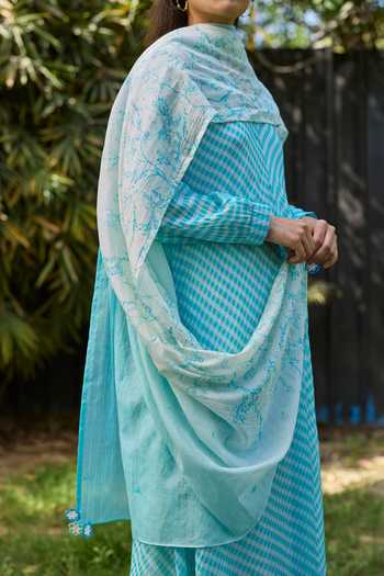 Shop_Surmaye_Blue Chanderi V-neck Joyful Paths Kurta And Pant Set 