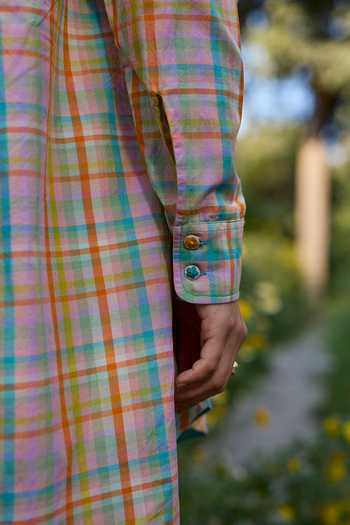 Shop Surmaye Multi Color Cotton Collared, Yes Field To Shore Checkered Kurta And Pant Set Online at Aza Fashions Shop_Surmaye_Multi Color Cotton Collared, Yes Field To Shore Checkered Kurta And Pant Set _Online_at_Aza_Fashions