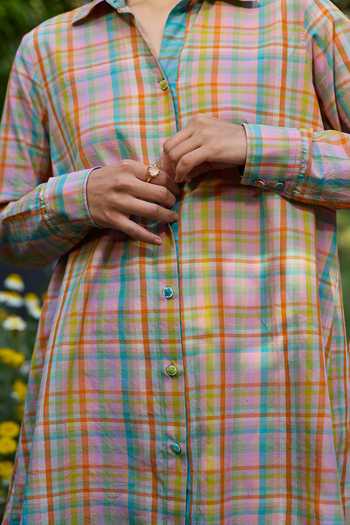 Shop Surmaye Multi Color Cotton Collared, Yes Field To Shore Checkered Kurta And Pant Set Shop_Surmaye_Multi Color Cotton Collared, Yes Field To Shore Checkered Kurta And Pant Set