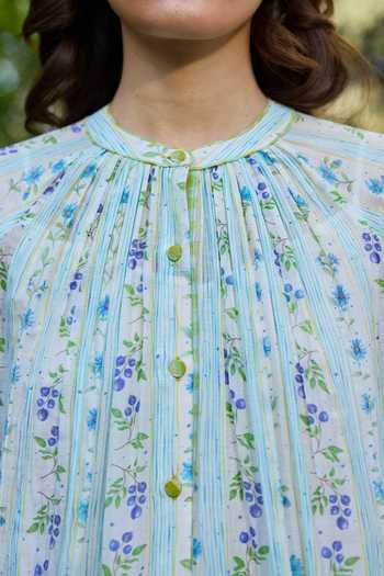 Surmaye_Ivory Chanderi Mandarin Collar, Yes Hidden Orchard Print Kurta And Pant Set _at_Aza_Fashions