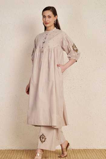 Buy_NUHH_Beige Cotton Mandarin Collar Latte Stripes Kurta And Pant Set _Online_at_Aza_Fashions