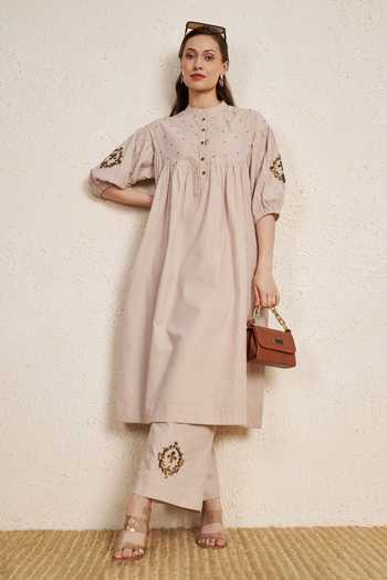 NUHH Latte Stripes Cotton Kurta & Pant Set 