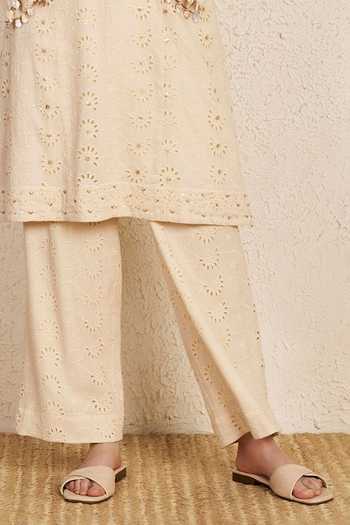 NUHH_Beige Cotton Collared, Keyhole Neck, Yes Floral Schiffli Kurta And Pant Set _Online_at_Aza_Fashions