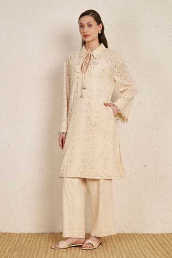 Buy_NUHH_Beige Cotton Collared, Keyhole Neck, Yes Floral Schiffli Kurta And Pant Set _Online_at_Aza_Fashions