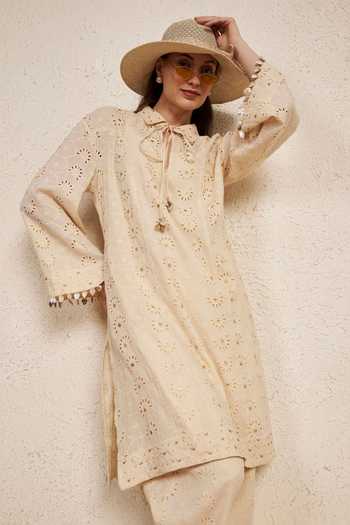 NUHH_Beige Cotton Collared, Keyhole Neck, Yes Floral Schiffli Kurta And Pant Set _at_Aza_Fashions