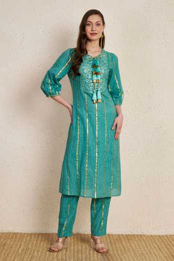 NUHH Striped Embroidered Cotton Kurta & Pant Set 