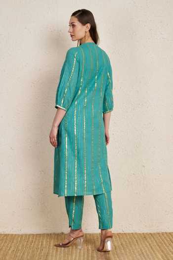 NUHH Striped Embroidered Cotton Kurta & Pant Set 