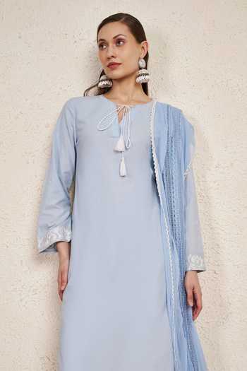 NUHH_Sky Blue Cotton, Georgette Keyhole Neck Pastel Kurta Set _Online_at_Aza_Fashions