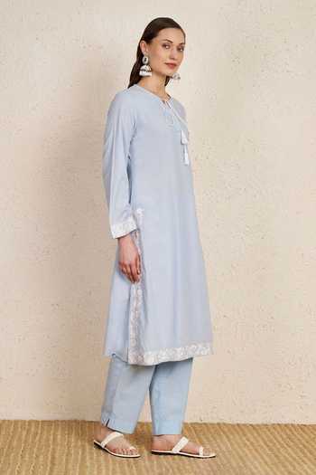 NUHH Pastel Sky Blue Cotton Kurta Set 