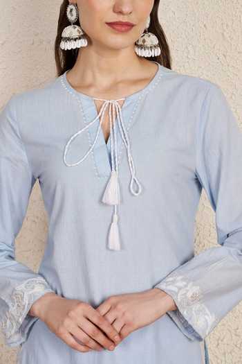 Shop_NUHH_Sky Blue Cotton, Georgette Keyhole Neck Pastel Kurta Set _Online_at_Aza_Fashions