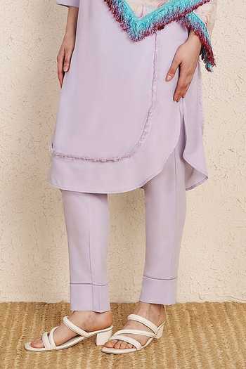 Shop_NUHH_Purple Georgette, Crepe Fringe Round Neck Pastel Kurta Set _Online_at_Aza_Fashions