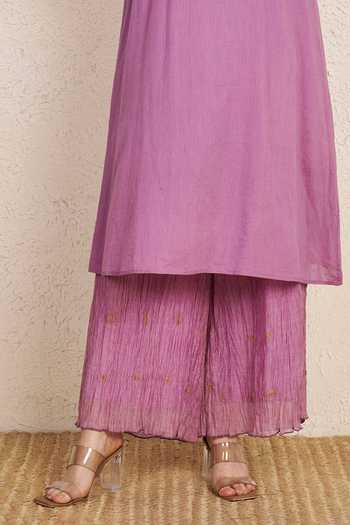 NUHH_Lavender Chanderi Round Neck Floral Embroidered Kurta And Pant Set _Online_at_Aza_Fashions