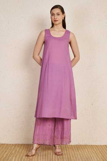 Buy_NUHH_Lavender Chanderi Round Neck Floral Embroidered Kurta And Pant Set _Online_at_Aza_Fashions