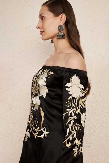 Shop_NUHH_Black Satin, Georgette Off-shoulder, Yes Off Embroidered Kurta Set _Online_at_Aza_Fashions