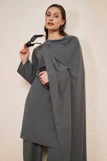 NUHH_Grey Crepe Cowl Neck, Yes Minimal Draped Kurta And Pant Set _Online_at_Aza_Fashions
