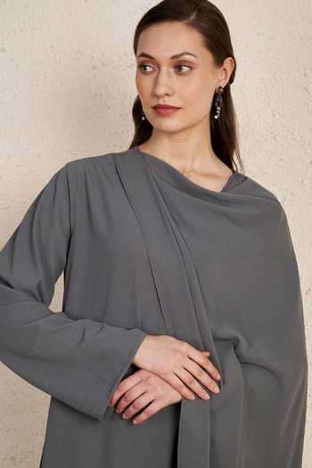 Buy_NUHH_Grey Crepe Cowl Neck, Yes Minimal Draped Kurta And Pant Set _Online_at_Aza_Fashions