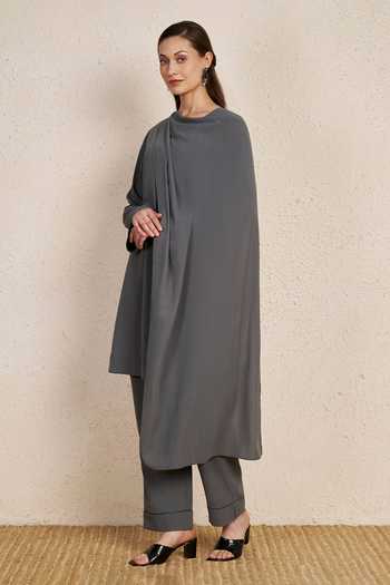 Shop_NUHH_Grey Crepe Cowl Neck, Yes Minimal Draped Kurta And Pant Set _Online_at_Aza_Fashions