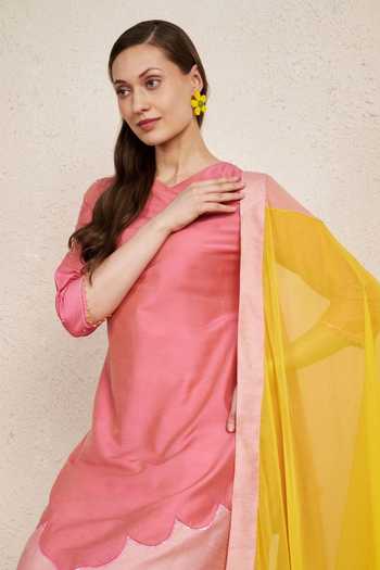 Buy_NUHH_Pink Chiffon V-neck, Yes Hand Embroidered Sleeve Kurta Set _Online_at_Aza_Fashions