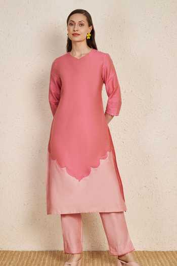 Shop_NUHH_Pink Chiffon V-neck, Yes Hand Embroidered Sleeve Kurta Set _Online_at_Aza_Fashions