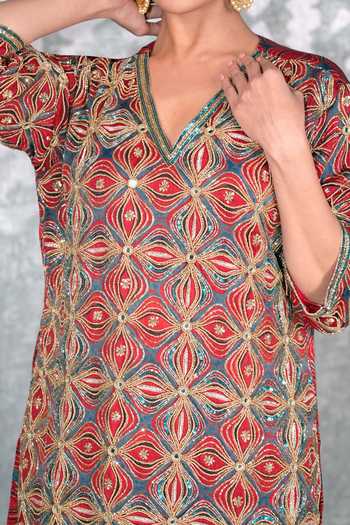 Shop_Sheeshakari_Red Silk V-neck Ajrakh Pattern Kurta Set _Online_at_Aza_Fashions