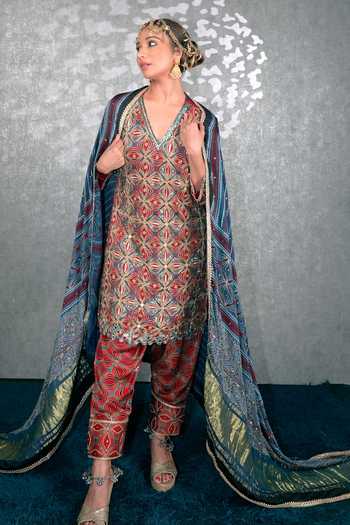 Sheeshakari Ajrakh Pattern Silk Kurta Set 