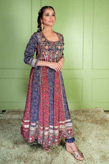Sheeshakari_Red Silk Scoop Neck Ajrakh Pattern Anarkali Set _Online_at_Aza_Fashions