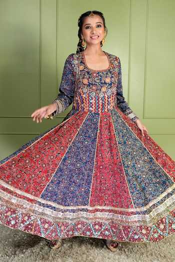 Buy_Sheeshakari_Red Silk Scoop Neck Ajrakh Pattern Anarkali Set _Online_at_Aza_Fashions