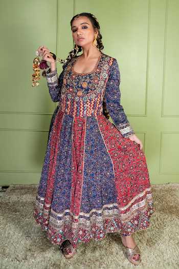 Shop_Sheeshakari_Red Silk Scoop Neck Ajrakh Pattern Anarkali Set _Online_at_Aza_Fashions