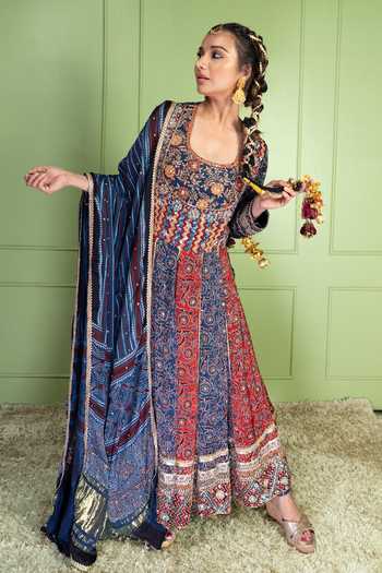 Sheeshakari_Red Silk Scoop Neck Ajrakh Pattern Anarkali Set _at_Aza_Fashions