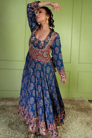 Sheeshakari_Blue Silk Scoop Neck Ajrakh Embroidered Anarkali Set _Online_at_Aza_Fashions