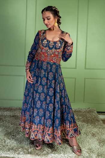 Buy_Sheeshakari_Blue Silk Scoop Neck Ajrakh Embroidered Anarkali Set _Online_at_Aza_Fashions