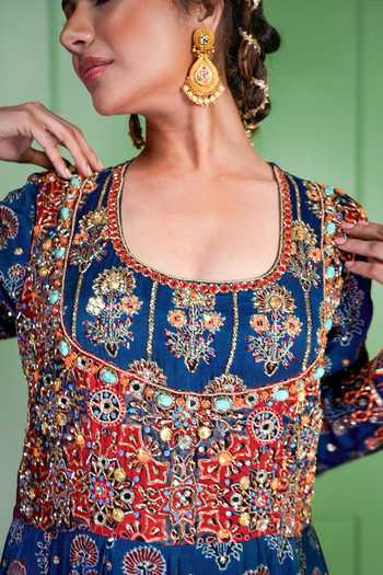 Shop_Sheeshakari_Blue Silk Scoop Neck Ajrakh Embroidered Anarkali Set _Online_at_Aza_Fashions