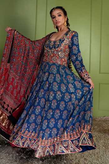 Sheeshakari Ajrakh Embroidered Silk Anarkali Set  