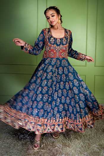 Sheeshakari_Blue Silk Scoop Neck Ajrakh Embroidered Anarkali Set _at_Aza_Fashions