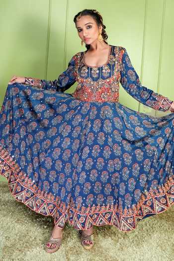 Shop_Sheeshakari_Blue Silk Scoop Neck Ajrakh Embroidered Anarkali Set 