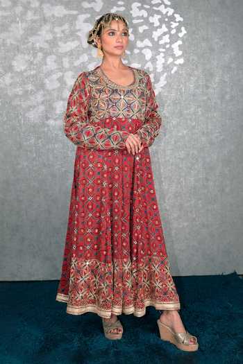Sheeshakari_Red Silk Scoop Neck Pattern Set _Online_at_Aza_Fashions