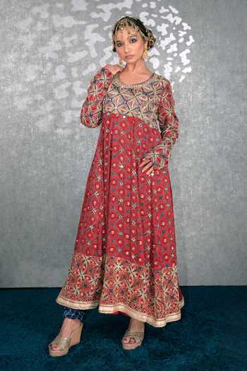 Buy_Sheeshakari_Red Silk Scoop Neck Pattern Set _Online_at_Aza_Fashions
