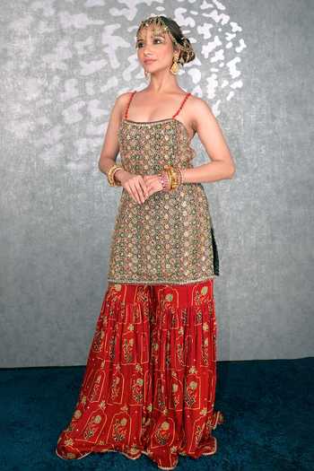 Sheeshakari_Green Silk Scoop Neck Ajrakh Pattern Kurta Gharara Set _Online_at_Aza_Fashions