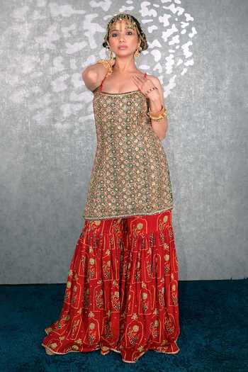 Buy_Sheeshakari_Green Silk Scoop Neck Ajrakh Pattern Kurta Gharara Set _Online_at_Aza_Fashions
