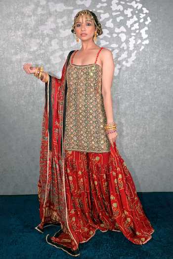 Shop_Sheeshakari_Green Silk Scoop Neck Ajrakh Pattern Kurta Gharara Set _Online_at_Aza_Fashions